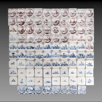 98 manganese, blue and white Dutch Delft tiles, 18th C.