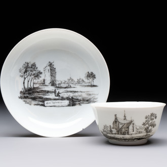 A Chinese grisaille 'Leiderdorp, Arkel and Leerdam' cup and saucer, Qianlong