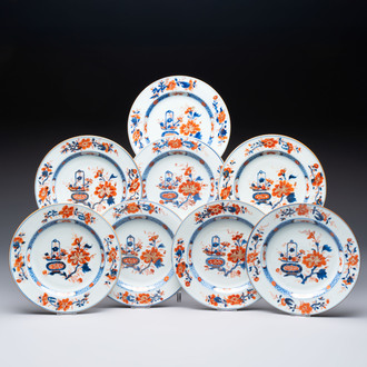 Eight Chinese Imari-style 'flower basket' plates, Yongzheng