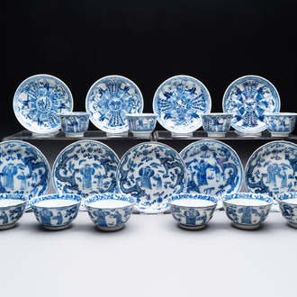 Ten Chinese blue and white cups and nine saucers, Kangxi mark, 19th C.