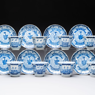 Eight Chinese blue and white cups and saucers, Kangxi mark, 19th C.