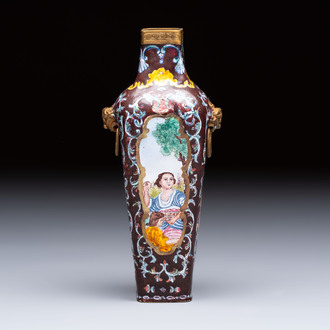 A square Chinese Canton enamel 'European subject' vase, Qianlong mark and probably of the period