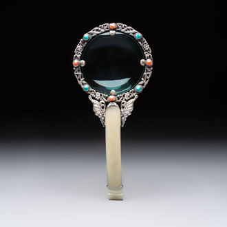 A Chinese silver-mounted magnifying glass with jade handle and precious stone inlays, 19th C.