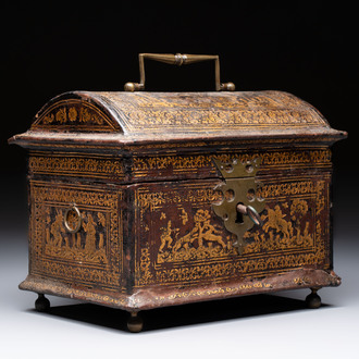 A Flemish gilt-tooled leather casket with hunting scenes, probably Antwerp, early 17th C.