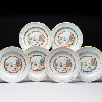 A set of six Chinese Meissen-style export plates with a harbour scene, Qianlong