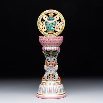 A rare Chinese famille rose Buddhist emblem altar ornament, Qianlong mark and of the period