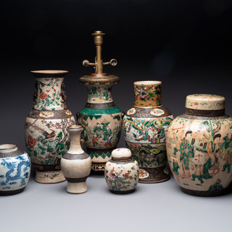 Five Chinese Nanking famille verte, rose, blue and white vases and two jars, 19th C.