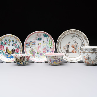 Three Chinese famille rose and grisaille cups and saucers, Qianlong