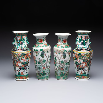A pair of Chinese famille verte 'warriors' vases and a pair of 'birds among blossoming branches' vases, 19th C.