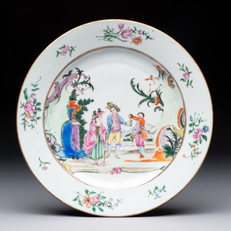 A Chinese famille rose 'European subject' plate, Qianlong, ca. 1760