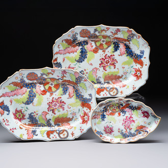 A pair of Chinese famille rose 'pseudo-tobacco leaf' dishes and a saucer, Qianlong