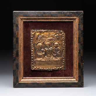 A gilt-copper 'Resurrection' plaque with a banner inscribed 'Ecce Agnus Dei', probably Germany, 15/16th C.