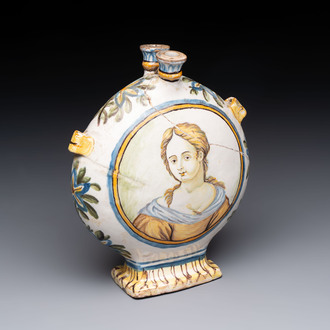 A polychrome Italian maiolica pilgrim bottle with two portrait busts, Castelli, 18th C.