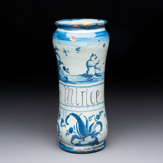 A blue and white Italian albarello, inscribed 'mirice', 18th C.
