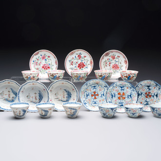 Eleven Chinese famille rose cups and nine saucers, Yongzheng/Qianlong