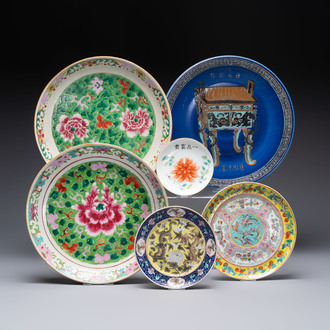 Three Chinese famille rose dishes, two plates and a saucer, various marks, 19th C.