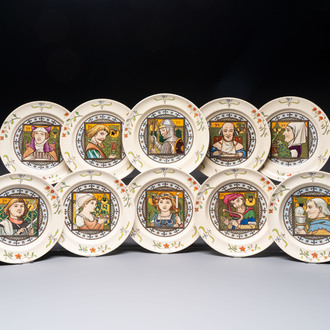 A set of ten English Arts and Crafts plates, Henry Stacy Marks for Minton, ca. 1878