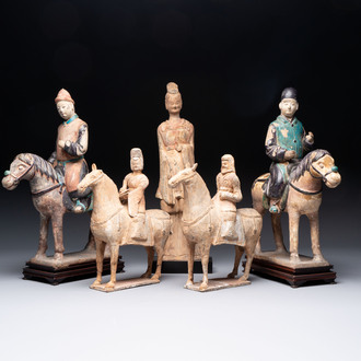 Five Chinese polychrome pottery figures, Sui/Tang/Ming