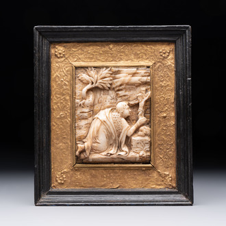 A Malines alabaster carving with Mary Magdalene, illegibly signed, ca. 1600