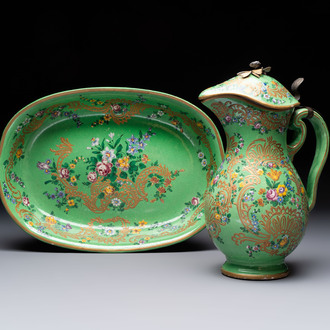 A gilt and enamelled green-ground Asurelik ewer and stand for the Ottoman market, 19th C.