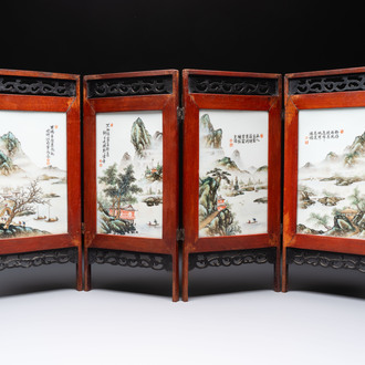 A Chinese four-fold wooden table screen with qianjian cai plaques, 20th C.