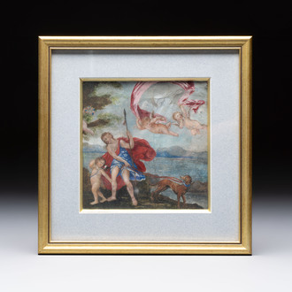 European school: 'Adonis led by Cupids to Venus', gouache on vellum, 17/18th C.