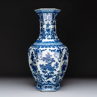 A Chinese blue and white hexagonal vase with floral design, Qianlong mark and of the period