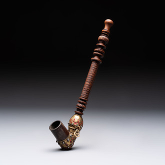 A Persian wooden pipe with bronze and steel mounts, Iran, 19th C.