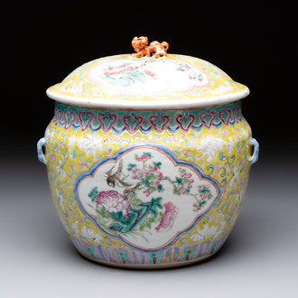 A Chinese famille rose yellow-ground 'kamcheng' bowl and cover for the Straits or Peranakan market, Guangxu mark and of the period
