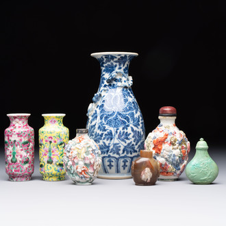 Four Chinese snuff bottles and three vases, 19th C.