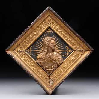 A rare rhombus-shaped Malines alabaster carving with the bust of Christ, attributed to Tobias Tissenaken, late 16th C.