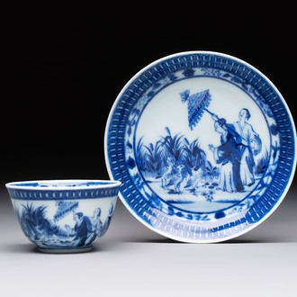A rare Chinese blue and white 'Dames au Parasol' cup and saucer after Cornelis Pronk, Qianlong, ca. 1738
