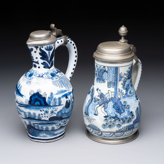Two blue and white Dutch Delft chinoiserie jugs with pewter lid, 17/19th C.