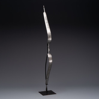 An Indo-Persian steel ceremonial bow or 'arc en acier' with silver koftgari inlay, 18/19th C.