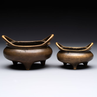 Two Chinese bronze tripod censers, Xuande marks, 19th C.