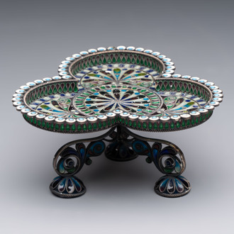 A Russian silver enamel tripod tazza, Julius Rappaport, St. Petersburg, Russia, 19/20th C.
