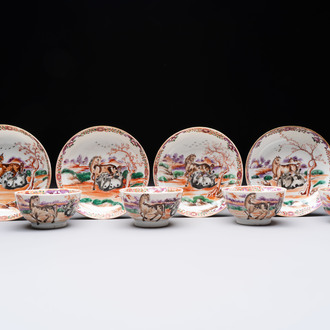 A set of four Chinese famille rose cups and saucers with horses, Qianlong