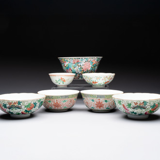 Seven Chinese famille rose bowls with floral design, various marks, 19/20th C.