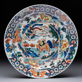 A polychrome Dutch Delft famille verte-style 'qilin and phoenix' dish, 18th C.