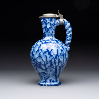 A rare Nevers pewter-mounted white-splashed blue-ground 'à la bougie' ewer with rope twist handle, France, late 17th C.