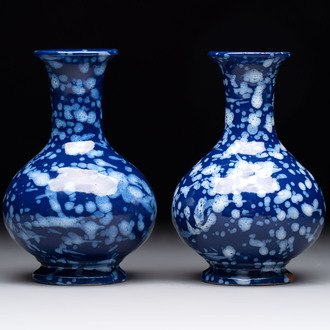 A pair of Nevers white-splashed blue-ground 'à la bougie' vases, France, late 17th C.