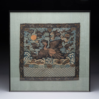 A Chinese silk kesi 'silver pheasant' or 'fifth rank' rank badge, Qing