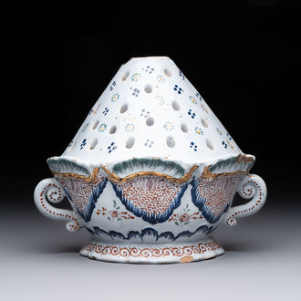 A rare polychrome Brussels faience wall vase, 18th C.