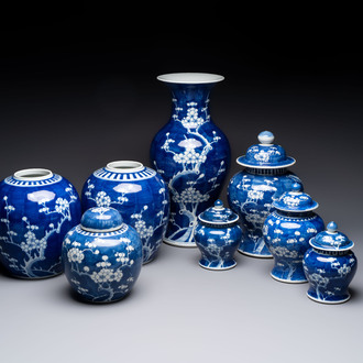 Eight Chinese blue and white 'prunus on cracked ice' wares, 19th C.