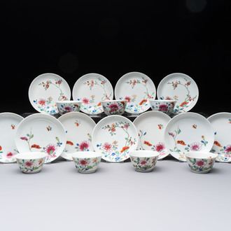 Seven Chinese famille rose cups and eleven saucers with floral design, Qianlong