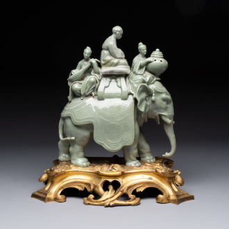 * A gilt-bronze-mounted celadon-glazed group of three figures riding an elephant, probably Samson, Paris, 19th C.