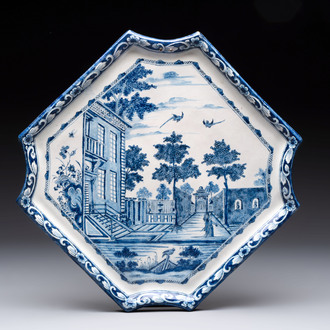 A rare blue and white Dutch Delft 'View of Duinrell' plaque, after an engraving by Petrus Schenk, first half 18th C.