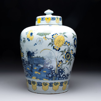 A blue, white and yellow Dutch Delft 'qilin' vase, 17th C.