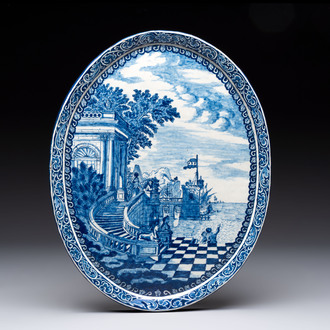 A blue and white Dutch Delft oval plaque with a Mediterranean seaport scene, after an engraving by Daniel Marot, 18th C.