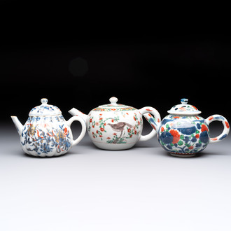 Three Chinese famille verte and Imari-style teapots, Kangxi
